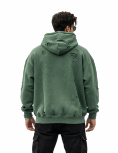 Sweat à capuche unisexe en polaire vert délavé et déchiré, coupe oversize, avec poches, 100 % coton, séchage rapide et anti-plis - Product Image 5