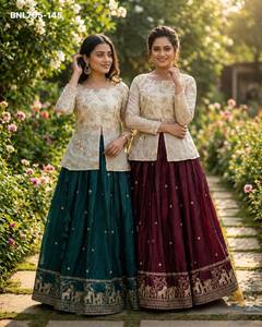 Best Quality Fancy <b>Silk</b> with Pipe-Zari Embroidered Butti & Border work Lehenga & White Front-Slit Short <b>Kurta</b> Set Woman Fashion - Product Image 3