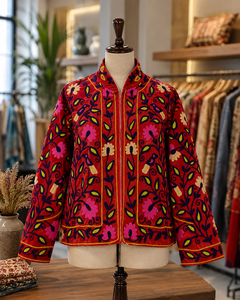Red Hand Embroidered Suzani Sujani Jacket <b>Women</b> Floral Boho <b>Coat</b> Vintage Ethnic Handmade Designer Outerwear Wholesale India - Product Image 4