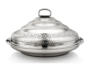 Olla redonda de acero inoxidable plateada, elegante y popular, con tapa, para servir comida caliente, ideal para bodas, fiestas y decoración del hogar. - Product Image 1