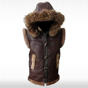 Custom <b>Men</b> Sheepskin <b>Shearling</b> Hooded Genuine Leather Vest Winter Waistcoat - Product Image 1
