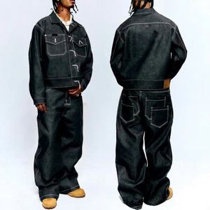 Men's Denim Jacket And <b>Pants</b> Set Oversized Loose Fit Full Length Solid Color Turn-<b>down</b> Collar Button Fly Casual Style - Product Image 1