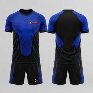 Ensemble maillot et short de football unisexe Fly Humble noir et rouge rayé, col rond, manches courtes, anti-humidité, avec nom du joueur sur le devant - Product Image 4