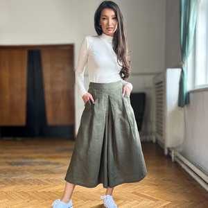 Pantalones Culottes de Algodón Verde Oliva de Cintura Alta para Mujer, Plisados, Holgados, Largos hasta el Tobillo, Estilo Casual de Primavera - Product Image 5