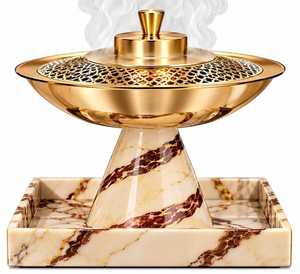 Wholesale Middle Eastern Traditional Oudh <b>Incense</b> Burner Featuring Ornate Cutout Gold Lid and Natural Marble <b>Cone</b> Stand - Product Image 6