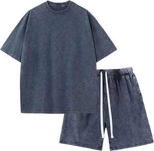Ensemble de sport décontracté d'été pour homme, t-shirt à manches courtes et short, ensemble deux pièces tendance, haute qualité, lavage à l'acide, 100% coton - Product Image 1