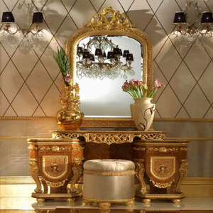 Elegant French Style Mahogany Dressing <b>Table</b> with <b>Mirror</b> Brown Gold Hand Carved Luxury <b>Vanity</b> Set for Villa Hotel Bedroom - Product Image 2