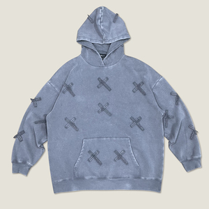 Sweat-shirt à capuche surdimensionné pour femme, gris, motif croix brodé, manches longues, coupe ample, tenue décontractée d'automne - Product Image 1