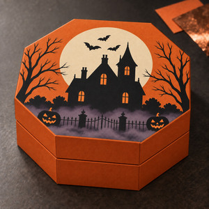 Boîte cadeau rigide octogonale personnalisée pour Halloween avec couvercle, emballage imprimé maison hantée pour bonbons et cadeaux - Product Image 1