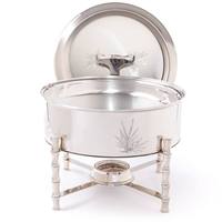 Plat de service de luxe en acier inoxydable pour buffet, chauffe-plats rond en gros avec pieds en bambou et gravures