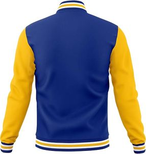 Men's Blue Yellow Genuine Leather Varsity <b>Jacket</b> <b>Fleece</b> <b>Lining</b> Preppy Style Turn-down Collar Single Button Regular Fit Winter - Product Image 3