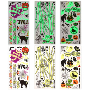 Venta al por mayor de pegatinas de tatuaje temporal que brillan en <span class=keywords><strong>la</strong></span> oscuridad para Halloween, gato, calabaza, bruja, murciélago, fantasma, Calavera, papel de tatuaje para brazo corporal - Product Image 2