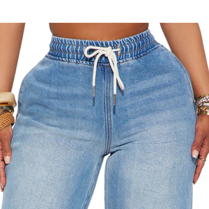 Pantalon large en jean délavé bleu clair pour femme, taille élastique avec cordon de serrage, coupe décontractée, jean décontracté avec poches, tendance - Product Image 3