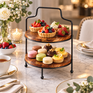 Two-Tier Wooden Cake Stand With <b>Black</b> <b>Metal</b> <b>Frame</b> Reusable Serving Tray For Desserts And Pastries - Product Image 3