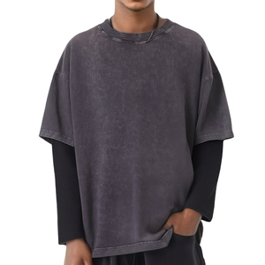 เสื้อยืดโอเวอร์ไซส์ผู้ชาย ผ้าฝ้ายฟอก คอโอ แขนยาว สีพื้น สไตล์ลำลองแนวสตรีท ผ้าเจอร์ซีย์สองชั้น - Product Image 1
