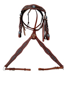 Ensemble de têtière et de peitorale western en cuir marron, best-seller, avec cristaux bleus et design clouté de conchos LLT - Product Image 2