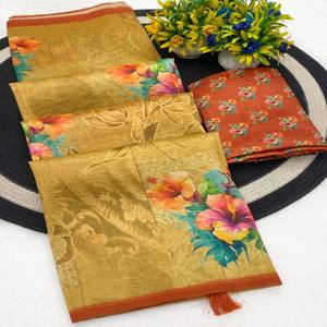 Sari de Seda Zarna Premium VASTRA COTTAGE con Vibrante Estampado Floral Digital, Elegante Borde Zari y Borlas Hechas a Mano - Product Image 3