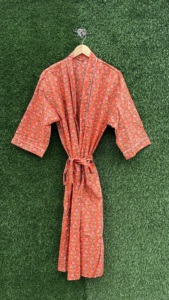 Kimono de Algodón con Estampado Floral de Bloques Indios, Largo, Abierto por Delante, Cuello en V, Estilo Boho Casual, para Playa, Verano, Primavera, Ecológico - Product Image 2