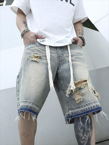 Casual Cotton Plus Size <b>Drawstring</b> Ripped Denim Shorts <b>Men</b> Custom logo Distressed Raw Hem Loose <b>Men</b> Jorts Washed <b>Jean</b> Shorts - Product Image 3
