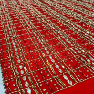 Tela de Tul Bordada Roja con Lentejuelas, Diseño Sólido, Hecha a Mano, de Lujo, Tradicional, 5 Yardas para Confección de Vestidos - Product Image 1