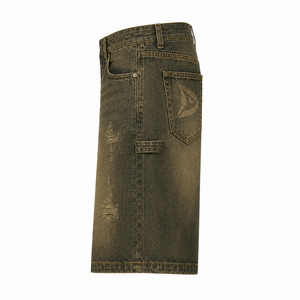 Washed Olive Denim Jorts Men Baggy Y2K Streetwear <b>Shorts</b> with Distressed Finish & Utility Loop Low MOQ Wholesale - Product Image 4