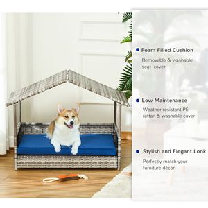 Cuccia per Animali Domestici Blu Scuro in Vimini e Rattan, Resistente all'Acqua, con Cuscini Rimovibili e Fondo Rialzato per Uso Interno/Esterno - Product Image 5