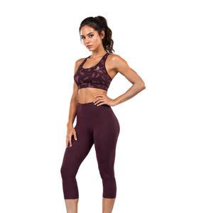 Ensemble de vêtements de sport pour femmes, soutien-gorge de sport imprimé bordeaux et leggings capri taille haute, deux pièces, pour yoga, gym, entraînement - Product Image 2