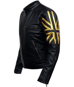 Blouson en cuir noir haut de gamme pour homme, coupe ajustée, avec patch drapeau doré, en cuir d'agneau véritable, vêtement de moto, vente en gros - Product Image 6