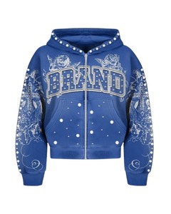 Custom Hoodies <b>Jacket</b> Zipper Gemstone Glitter Sun Faded Embroidery Vintage Distressed Acid Wash Diamond <b>Rhinestone</b> Hoodie - Product Image 6