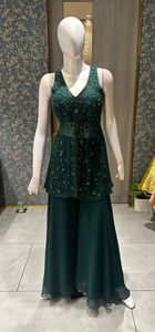 Georgette Polyester Emerald Green Heavily <b>Sequined</b> Floor-Length Peplum Kurti with Flared Palazzo <b>Pants</b> for Party Occasions - Product Image 2