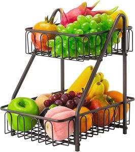 Nouveauté : Panier de rangement pour fruits et légumes en fil métallique noir pour comptoir de cuisine, avec 2 niveaux, design personnalisé, panier à fruits en métal - Product Image 1