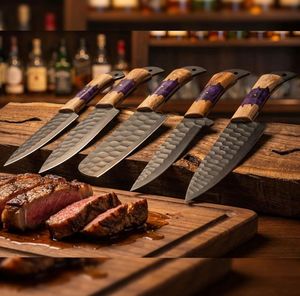Steel Craft International Hand Forged 5-Piece Carbon Steel Chef <b>Knife</b> Set 67-Layer Damascus Structure Wooden Handles Serrated - Product Image 4