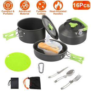 Set di pentole in alluminio da 16 pezzi per campeggio, include fornello, pentola, padella, bollitore, ciotole, coltello, forchetta, cucchiaio, moschettone e spa. - Product Image 2