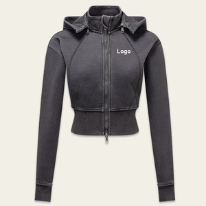 Sweat à capuche court zippé pour femme, manches longues, couleur unie, en tricot de coton et élasthanne, respirant, séchage rapide, décontracté, pour l'automne - Product Image 1