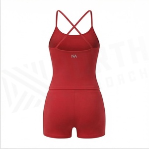North Approach 2 Piece Yoga Set Crisscross Strap Crop <b>Top</b> Shorts Solid Red Breathable Women's Sportswear - Product Image 3