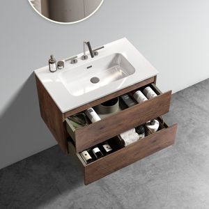 Mobile bagno sospeso in noce da 76 cm con ampio spazio contenitivo, lavabo in ceramica e tre fori per rubinetteria - Product Image 3