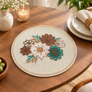 Premium <b>Beaded</b> Round <b>Placemat</b> | Floral Glass Bead Table Mat for Dining Kitchen Home Decor Elegant Handmade Table Setting Accents - Product Image 2