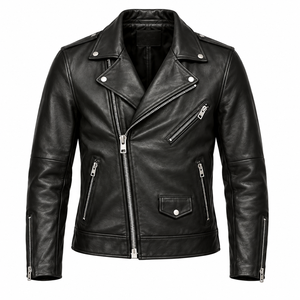 Chaqueta de Motociclista de Piel de Oveja Genuina para Hombre, Cierre Asimétrico, Estilo Motociclista, Personalizada OEM, Negra, Marrón, Blanca, Corte Ajustado, Informal - Product Image 2