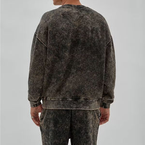 Acid Wash Cropped Hoodie with Embroidered Distressed Patch Vintage Knitted <b>Weave</b> - Product Image 2