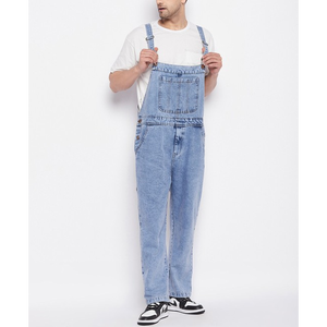 Pantalones de Mezclilla Azul Claro para Hombre, Estilo Overol, Color Sólido, Algodón Lavado, Transpirables, Estilo Ropa de Trabajo para Primavera - Product Image 3
