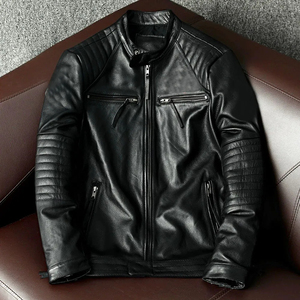 Men's Genuine Leather Moto <b>Jacket</b> Stand Collar Zipper Closure Regular Fit Solid Black <b>Biker</b> Style Autumn Wear - Product Image 1
