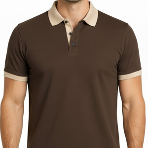 Polo homme premium marron foncé, col contrastant beige, coupe slim, manches courtes, décontracté, pour le golf - Product Image 2