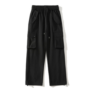 Pantalon en velours côtelé noir pour homme, coupe large, taille élastique avec cordon de serrage, poches latérales, style décontracté automne, tissu mi-lourd - Product Image 1