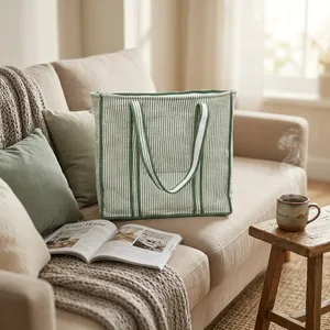 Sac fourre-tout en toile rayé vert et blanc pour femme, style bohème vintage, avec poches intérieures, léger, réutilisable, de haute qualité - Product Image 3