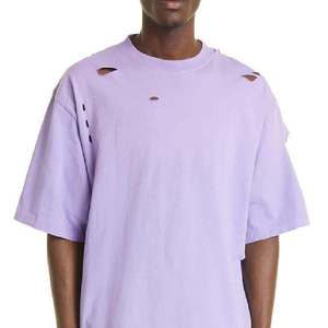 Camiseta Morada Oversize para Hombre, Estilo Vintage Desgastado, Ropa Urbana de Algodón Grueso, Estilo Casual - Product Image 2