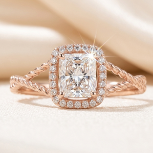Bague en Moissanite couleur Or Rose avec pierre centrale carrée, bande torsadée Halo, bijoux de mariage et de fiançailles pour femme - Product Image 4