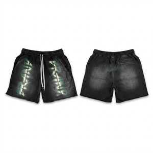 <b>Men</b> Acid Wash <b>Shorts</b> Premium 140g Woven Eco-Friendly Quick Dry Waterproof Custom Sequined Logo <b>Black</b> Green Streetwear Elastic - Product Image 1