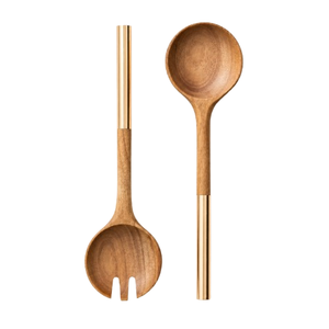 Juego de servidores de ensalada de madera artesanal de primera calidad con mangos de latón dorado, pinzas de servir de madera de lujo ecológicas para el hogar y hoteles. - Product Image 1