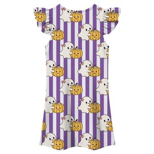 Robe imprimée Halloween pour filles, manches à volants, coupe trapèze, motif fantôme et citrouille de dessin animé, mignonne, longueur mini, col rond, en mousseline - Product Image 6