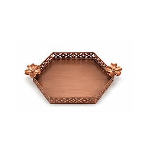 Plateau décoratif floral avec poignée en rose dorée, finition métal poli, usage résidentiel - Product Image 2